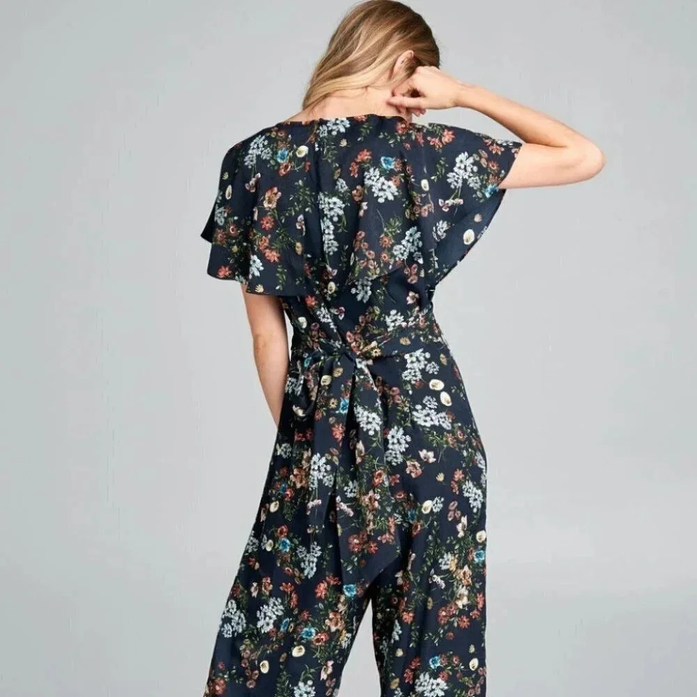 Flutter Sleeve Navy Floral Deep V-Neck Romper - Picture 6 of 9